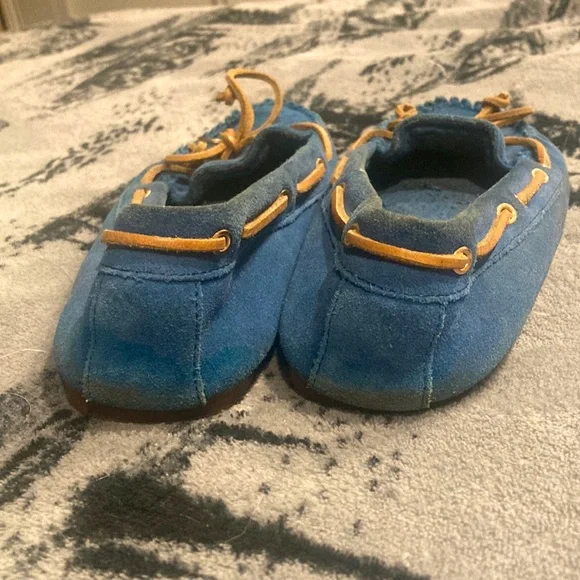 Coach Blue Suede Moccasin Slippers with Tan Laces - Picture 7 of 8